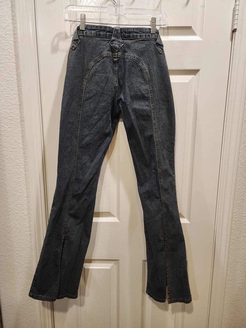 Women's Boot Cut/Flare Split Leg Jeans Blue Denim w/Gold Stitching, Size 5/6 - Picture 3 of 9